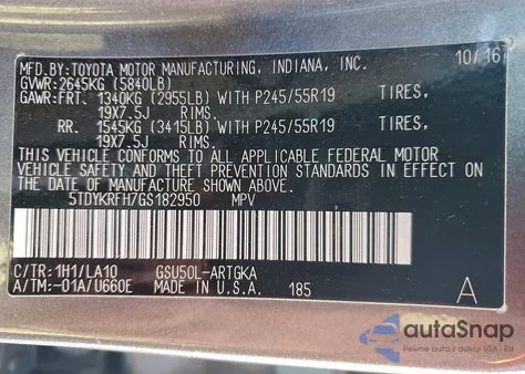 2016 Toyota Highlander Limited z USA, uszkodzony, nr VIN 5TDYKRFH7GS182950